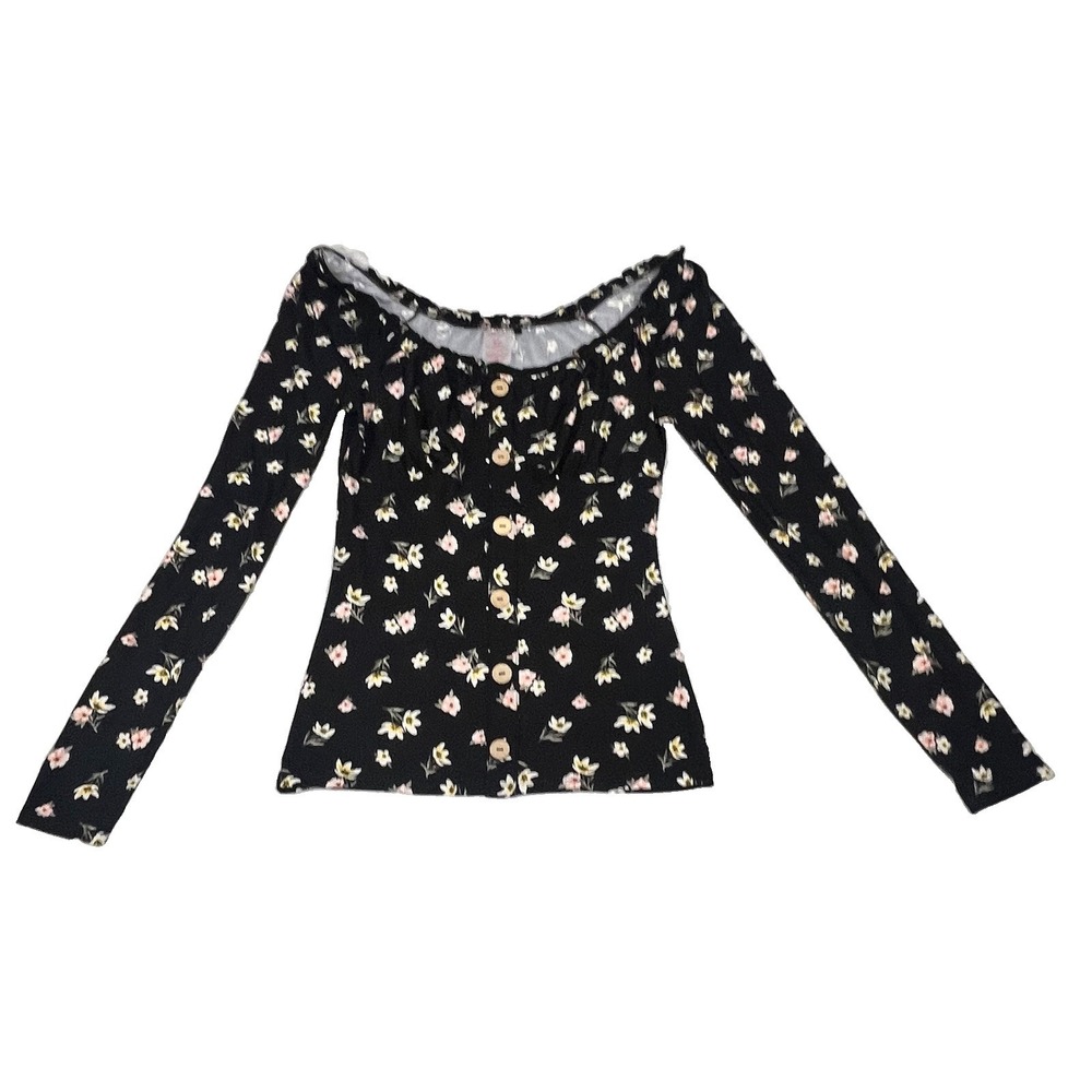 No Boundaries Boho S 3-5 Floral Button Front Long Sleeve Off Shoulder Top Black